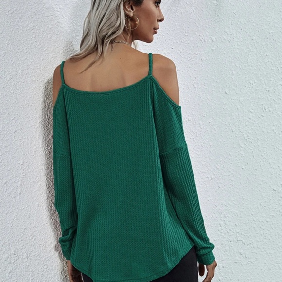Black Waffle knit long sleeve cold shoulder top - Picture 10 of 10